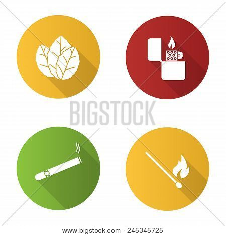 Smoking Flat Design Long Shadow Glyph Icons Set. Tobacco Leaves, Flip Lighter, Cigar, Burning Matchs