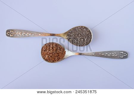 Flax Seeds And Chia  Are A Source Of Omega 3 Unsaturated Fatty Acids. Concept- Healthy Diet, Cancer 