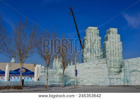 Harbin, China - Feb 22, 2018. Snow Sculptures At The Park In Harbin, China. Harbin Is Largest City I