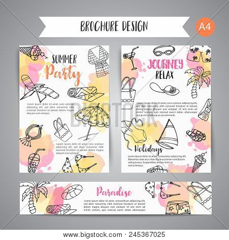 Summer Hand Drawn Brochure. Beach Doodle Elements. Vacation And Trevel To The Sea Summer Time Text J