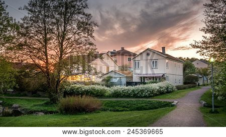 Sunset Lights The Houses In Molndal, Suburb Gothenburg City, Gotland, Sweden