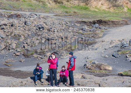 Godafoss Iceland - May 23. 2018: Tourists Relaxing, Enjoying The Day And Taking Photos Of Godafoss W