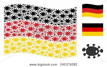 Waving German State Flag. Vector Bacteria Design Elements Are Grouped Into Mosaic Germany Flag Illus