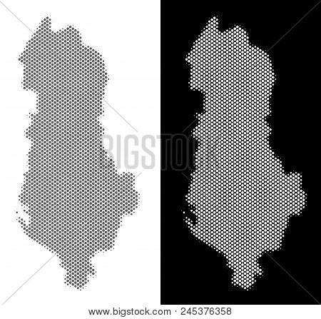 Halftone Circle Spot Albania Map. Vector Geographical Maps In Grey And White Colors On White And Bla