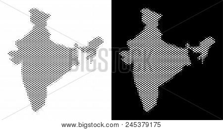 Halftone Circle Pixel India Map. Vector Territorial Maps In Grey And White Colors On White And Black