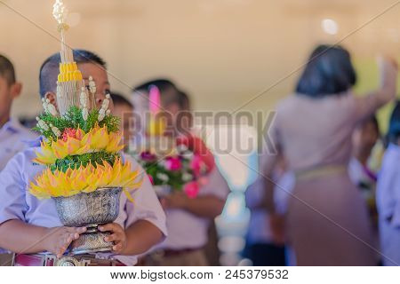 Kanchanaburi Thailand - June 14 : Unidentified Students Decorate Pedestal Tray And Flower For Give T