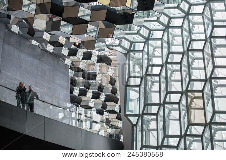 Reykjavik, Iceland - March 26 2016: The Architecture Inside Harpa Concert Hall One Of The Iconic Pla