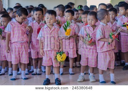 Kanchanaburi Thailand - June 14 : Unidentified Students Decorate Pedestal Tray And Flower For Give T