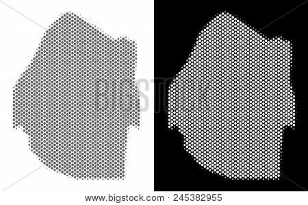 Halftone Round Blot Swaziland Map. Vector Geographic Maps In Grey And White Colors On White And Blac