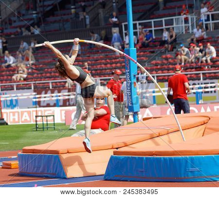 Stockholm, Sweden - Jun 10, 2018: Nikoleta Riakopoulou (greece) Jumping In The Pole Vault Competitio