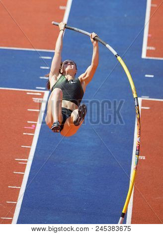 Stockholm, Sweden - Jun 10, 2018: Nikoleta Riakopoulou (greece) Jumping In The Pole Vault Competitio