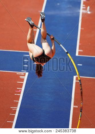 Stockholm, Sweden - Jun 10, 2018: Nikoleta Riakopoulou (greece) Jumping In The Pole Vault Competitio
