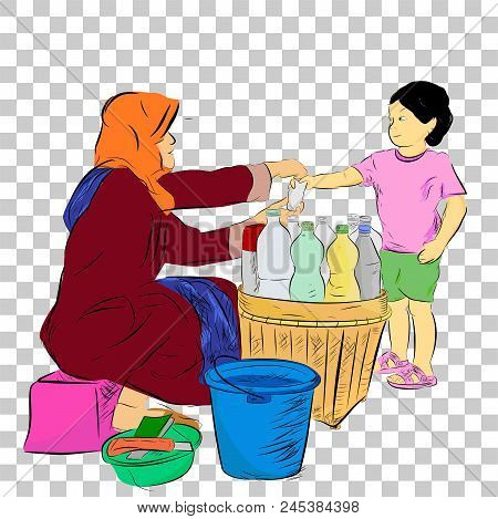 Vector Sketch Of Young Girl Buy Jamu, Indonesia Traditional Herbal Or Organic Drink From Old Lady Se
