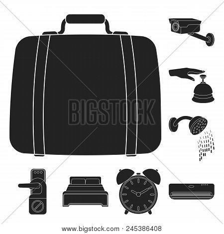 Hotel And Equipment Black Icons In Set Collection For Design. Hotel And Comfort Vector Symbol Stock 