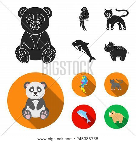 Panda.popugay, Panther, Dolphin.animal Set Collection Icons In Black, Flat Style Vector Symbol Stock