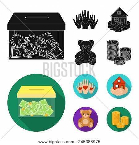 Boxing Glass With Donations, Hands With Hearts, House In Hands, Teddy Bear For Charity. Charity And 