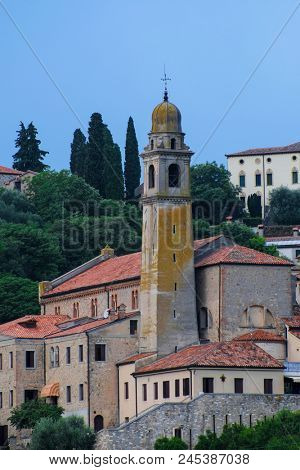 Arka Petrarka, Italy - June, 13, 2018: panorama of old town of Arka Petrarka, Italy with the ancient cathedral 