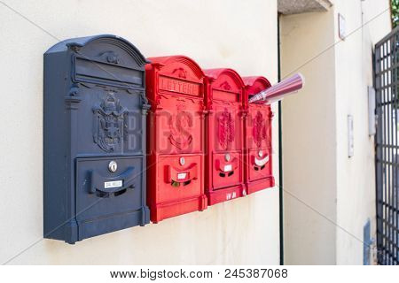 Arca Petrarca, ITALY - June, 13, 2018: mail boxes on a wall in Arca Petrarca, Italy
