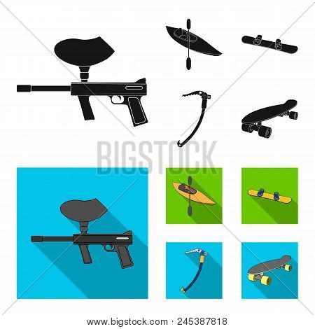 Paintball Marker, Kayak With A Paddle, Snowboard And Climbing Ice Ax.extreme Sport Set Collection Ic