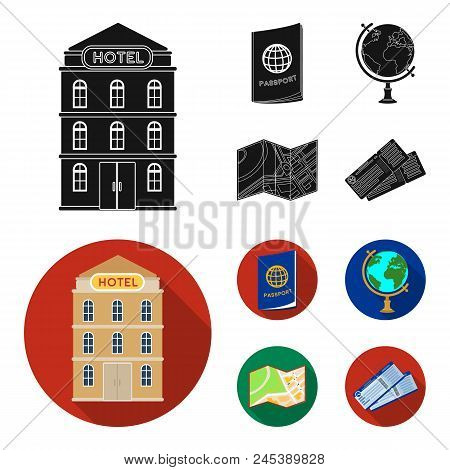 Vacation, Travel, Passport, Globe .rest And Travel Set Collection Icons In Black, Flat Style Vector 