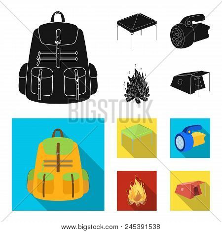 Awning, Fire And Other Tourist Equipment.tent Set Collection Icons In Black, Flat Style Vector Symbo