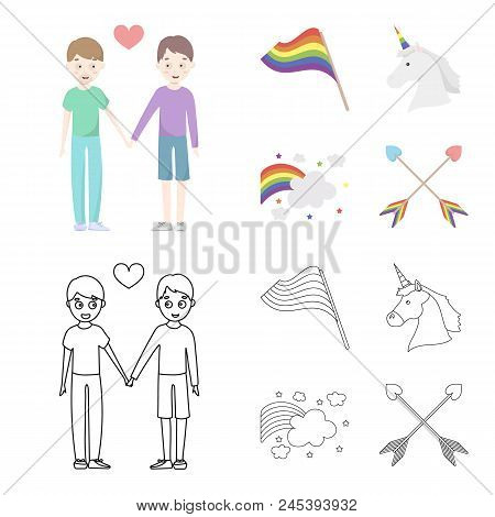Flag, Unicorn Symbol, Arrows With Heart.gay Set Collection Icons In Cartoon, Outline Style Vector Sy