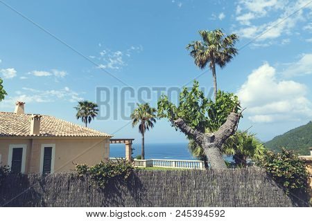 2018, 12 May, Banyalbufar, Majorca, Spain. Palm Trees And Country House On A Sea Shore Of The Medite
