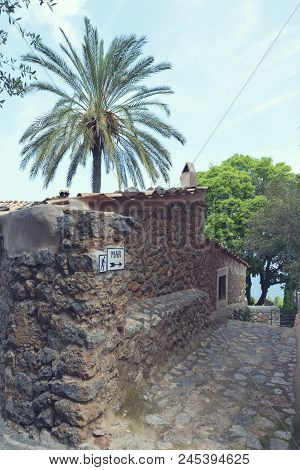 Palm Tree, Country House And Sign For Touristic Route Toward The Sea In Lluc Alcari, Majorca