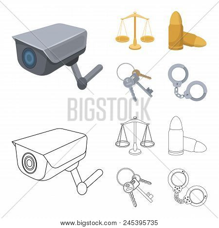 Scales Of Justice, Cartridges, A Bunch Of Keys, Handcuffs.prison Set Collection Icons In Cartoon, Ou