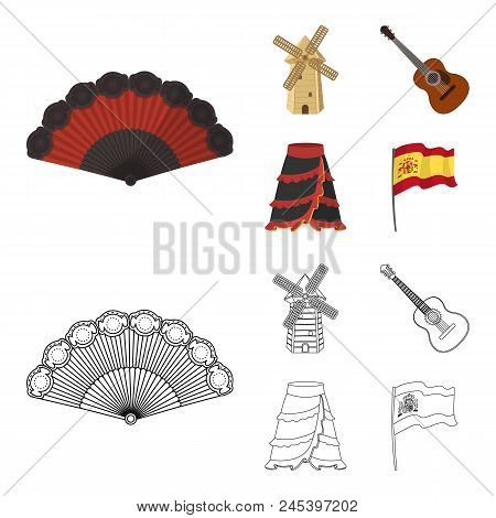 Fan Spanish, Mill, Guitar, Skirt For National Spanish Dances. Spain Country Set Collection Icons In 
