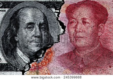 American and Chinese China dollar money currency exchange for trade and relationship cracked strained