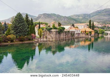Picturesque Landscape With Ancient Town On River Bank. Bosnia And Herzegovina, View Of Trebisnjica R