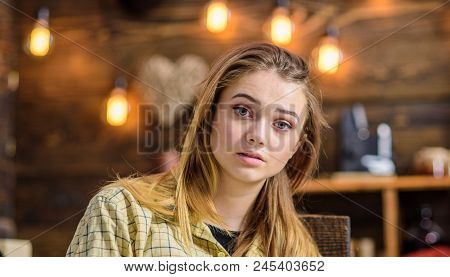 Blond Girl With Big Green Eyes, Angel Face And Gorgeous Hair Posing Indoors. Teenage Female With Amu