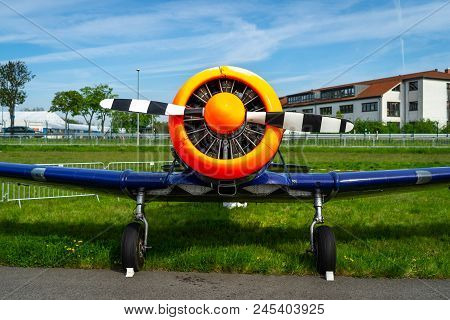 Berlin - April 27, 2018: A Single-engined Advanced Trainer Aircraft North American T-6 Texan On The 