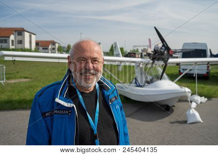 Berlin - April 27, 2018: Pilot And Owner Of Ultralight And Light-sport Amphibious Flying Boat Fly Sy