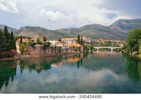 Picturesque Landscape With Mountains And  Ancient City On The Banks Of The River.  Bosnia And Herzeg