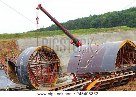 PILSEN / CZECH REPUBLIC - JUNE 14, 2018: Tunnel boring machine at railroad construction site. Building of new high speed track to Germany.
