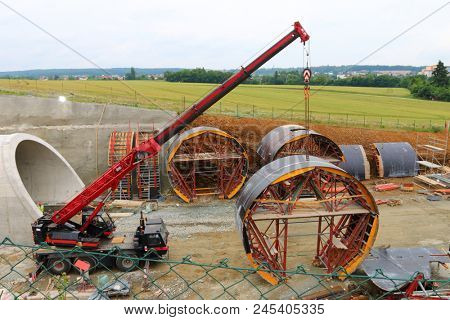 PILSEN / CZECH REPUBLIC - JUNE 14, 2018: Tunnel boring machine at railroad construction site. Building of new high speed track to Germany.
