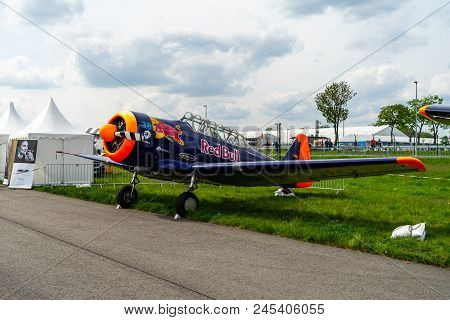 Berlin - April 27, 2018: A Single-engined Advanced Trainer Aircraft North American T-6 Texan On The 