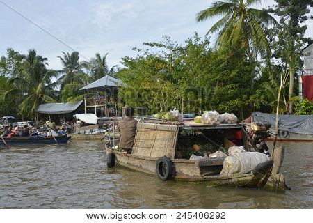 Phong Dien, Vietnam - December 31st 2017. A Boat On The River At The Phong Dien Floating Market Near