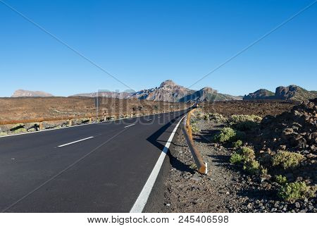 Road To The Teide Volcano In Parque Nacional Del Teide. Montana Guajara On The Background. Tenerife,