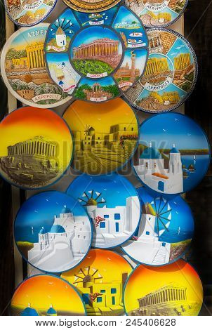 Athens, Greece - March 5, 2018 Various Greek Plates Pottery Athens Greece
