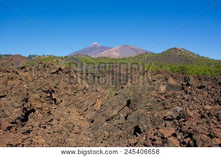 View Of The Teide Volcano And Pico Viejo With Lava Flow On The Foreground, Tenerife, Canary Islands
