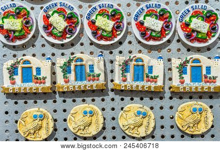Greek Salad Ceramic Designs Magnets, Athens Greece.  Owls Are A Symbol Of Athena, Patron Goddess Of 