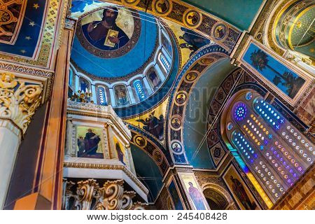 Athens, Greece - March 5, 2018 Metropolitan Basilica Christ Dome Cathedral Athens Greece.  Built In 