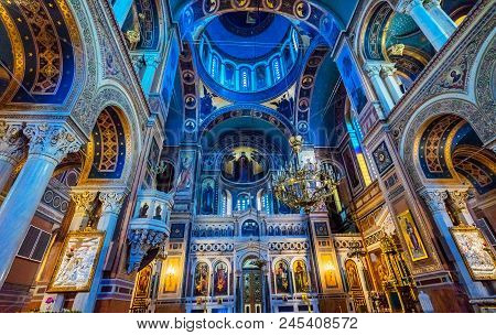 Athens, Greece - March 5, 2018 Metropolitan Basilica Dome Cathedral Athens Greece.  Built In 1842, M