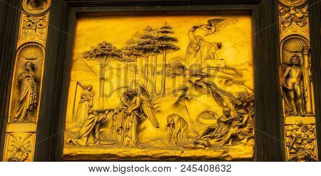 Florence, Italy - September 24, 2017 Abraham Gates Of Paradise Ghiberti Bronze Door Bapistry Duomo C