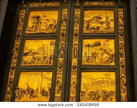 Florence, Italy - September 24, 2017 Gates Of Paradise Ghiberti Bronze Door Bapistry Duomo Cathedral