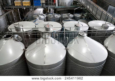 Galil, Israel - May 28, 2018: Stainless Steel Tanks For Wine Fermentation In The Galil Winery