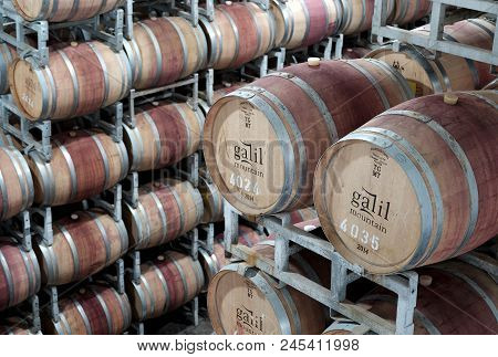 Galil, Israel - May 28, 2018: Drums Of Wine At The Warehouse Of The Galil Winery